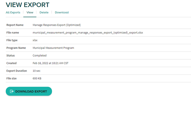Each export has additional details that reference the date of the initial export, the size of the file, and more.