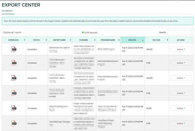 Export #4 Up to 20 prior exports will be listed. Use the column headers to sort by name, date of export, and more.