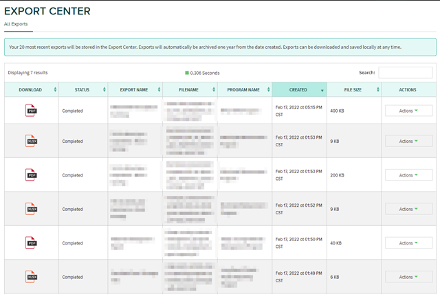 Up to 20 prior exports will be listed. Use the column headers to sort by name, date of export, and more.