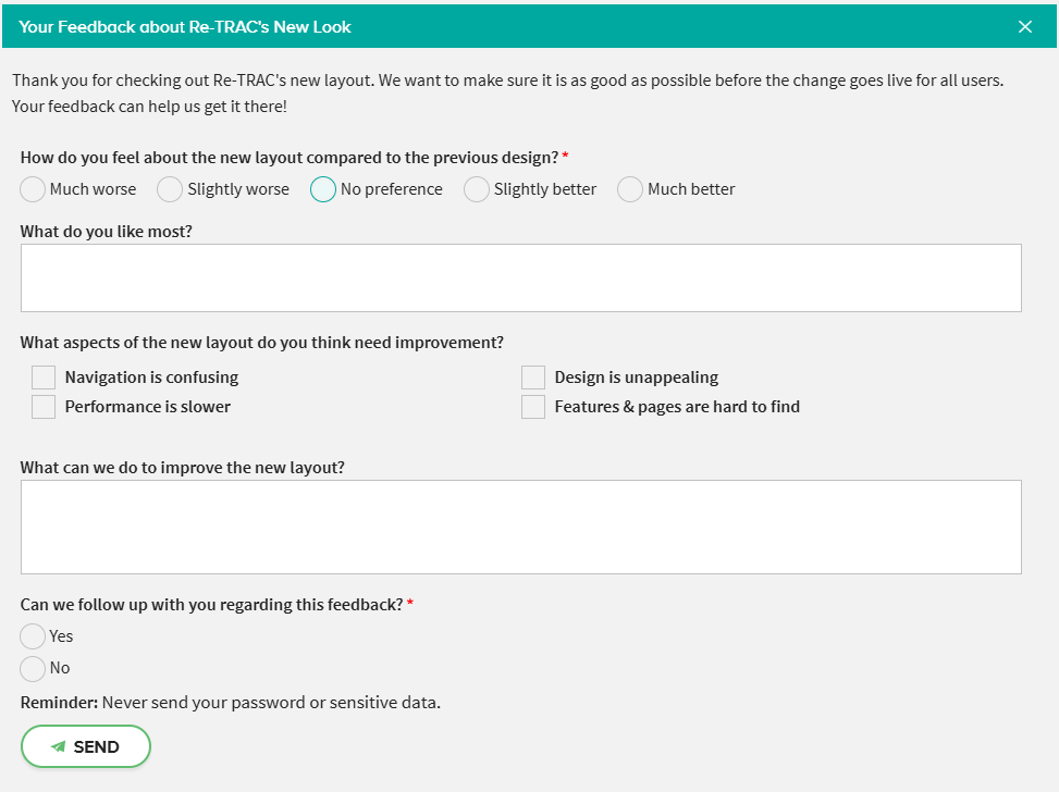 Feedback form for new layout Feedback form for new layout and menus